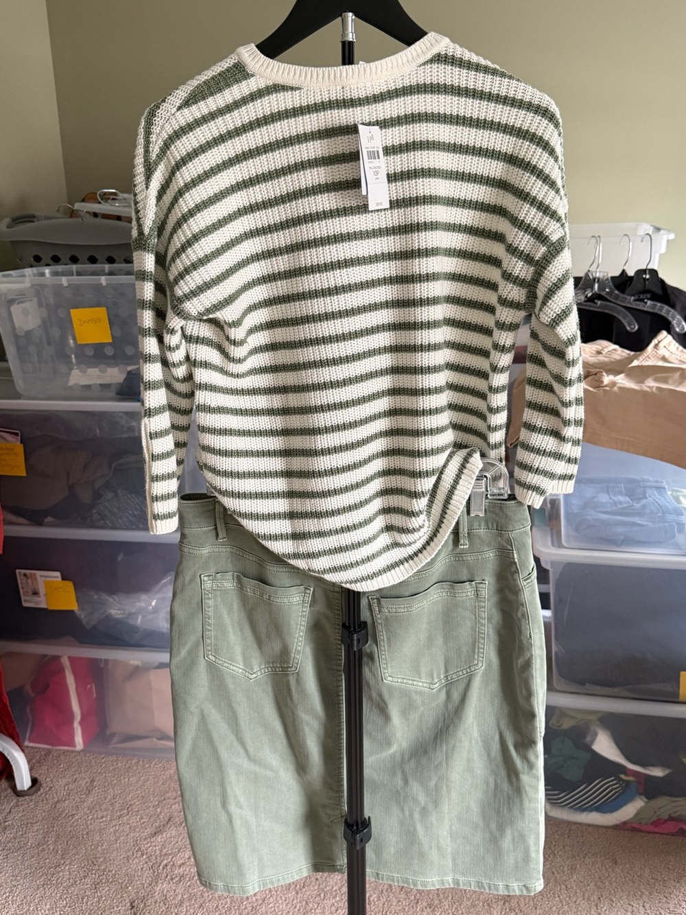 NWT J.Jill Set: Olive Stripe Sweater (21" P2P) Olive Utility Skirt (Sz 10) - Picture 2 of 16